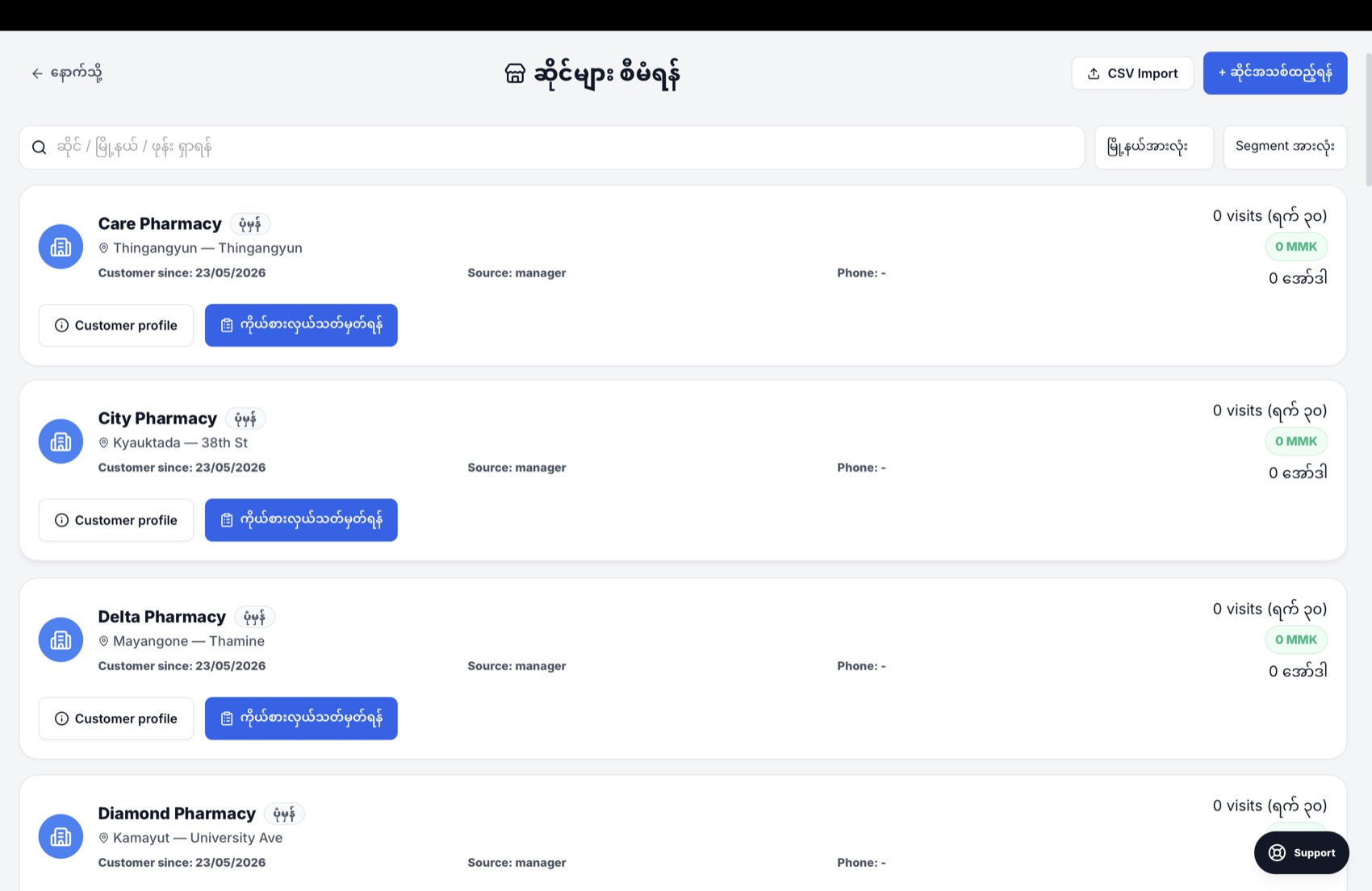 MedTrack shop list with customer profiles and order actions