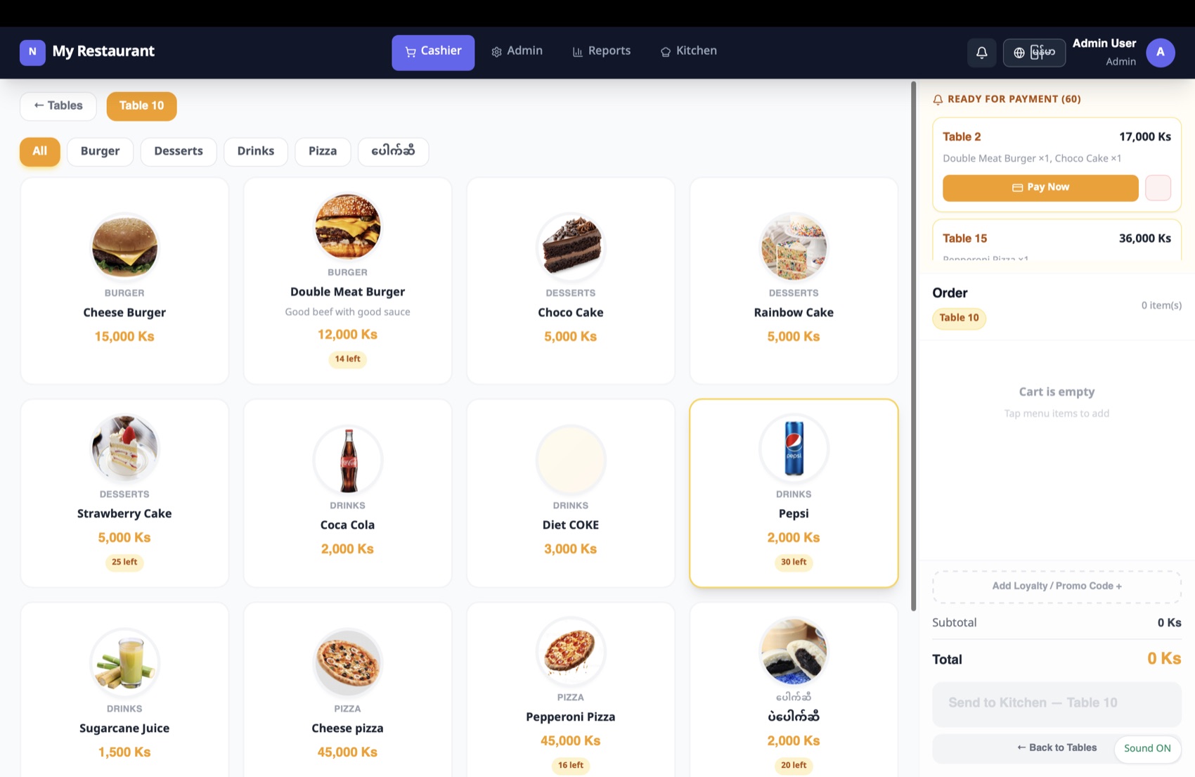 NexaMint POS cashier menu and payment queue