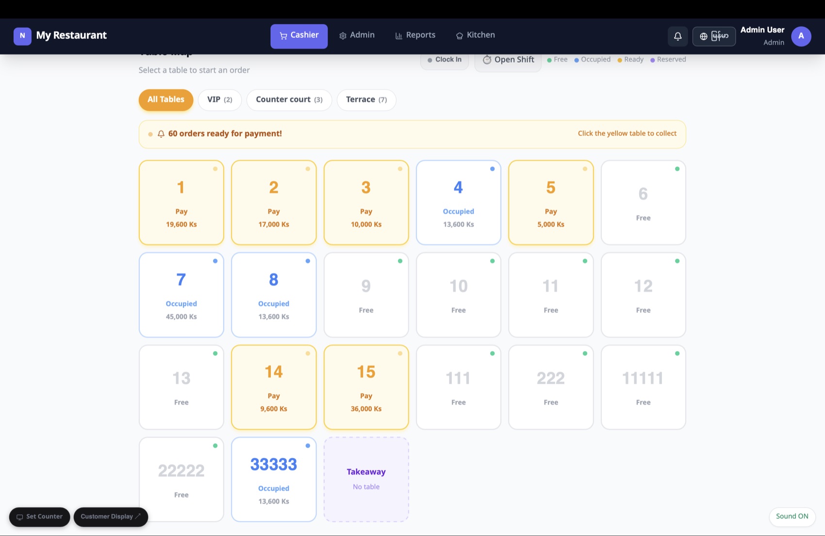 NexaMint POS table map with payment and occupancy states